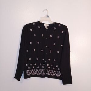 Chic Black Floral Embroidered Women's Cardigan